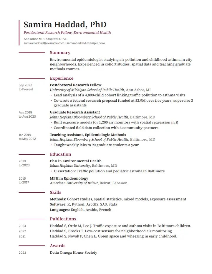 Chronicle resume template: dates in a left column, serif section titles in claret and a vertical rule beside the name